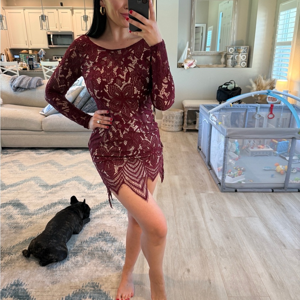 Charlotte Russe Burgundy Lace Long Sleeve Dress